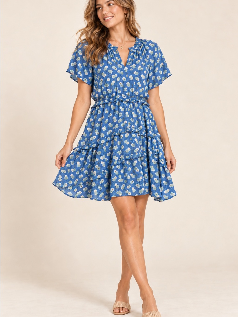 Entro Blue Floral Tiered Ruffle Mini Dress Short Sleeve Size Small